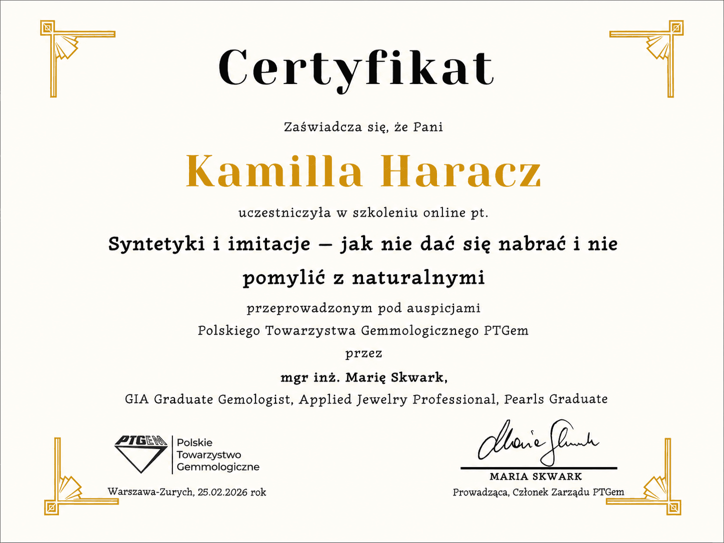 Certyfikat RuszszBizu dotyczący syntetyków i imitacji kamieni