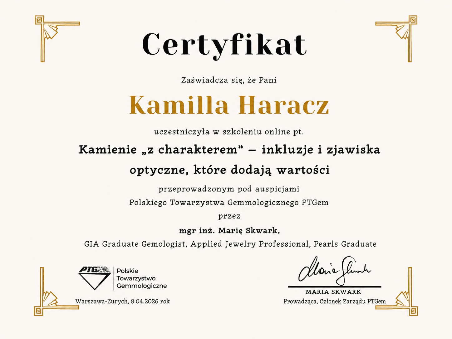 Certyfikat RuszszBizu dotyczący naturalnych cech kamieni