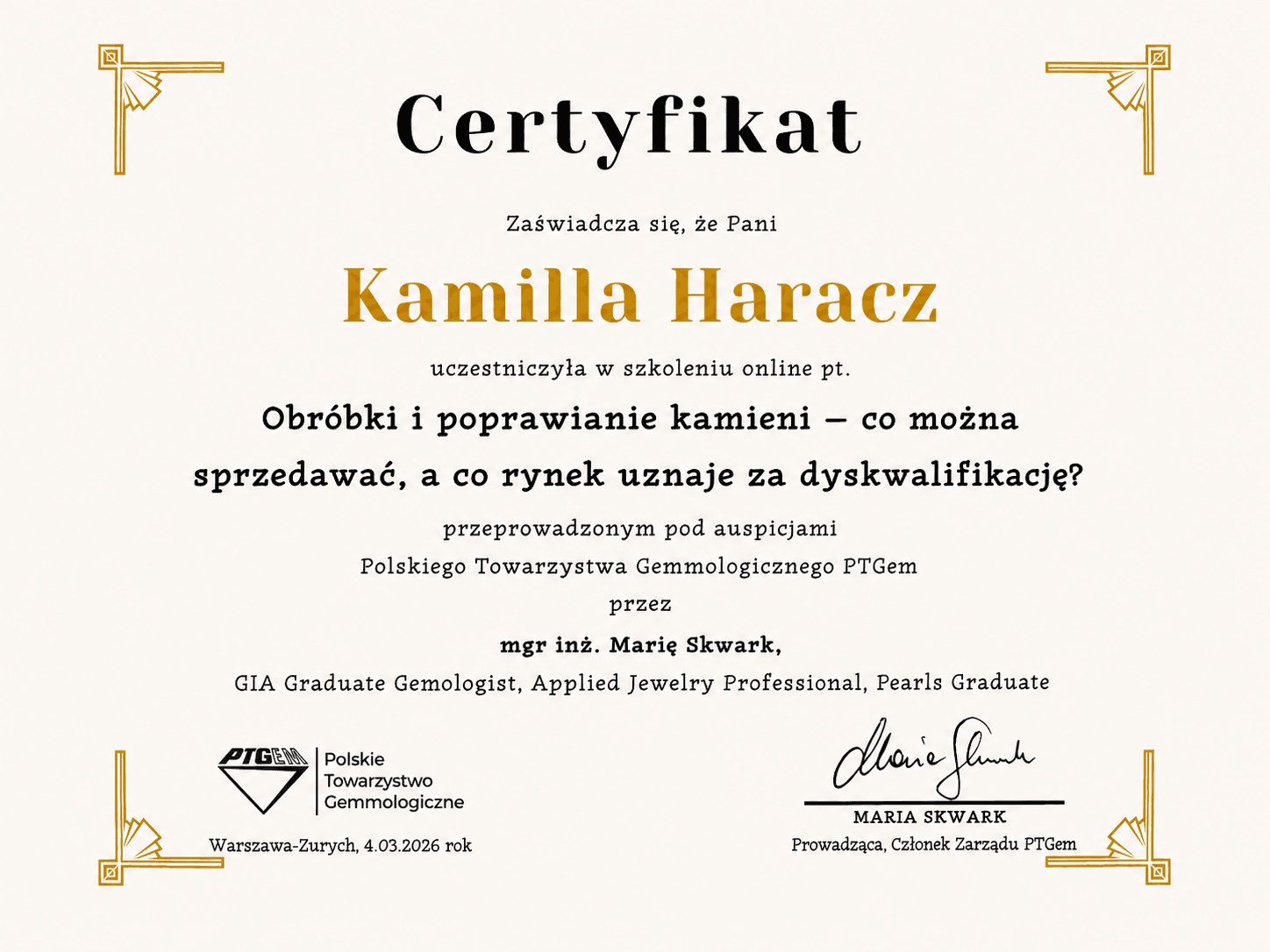 Certyfikat RuszszBizu dotyczący obróbek kamieni