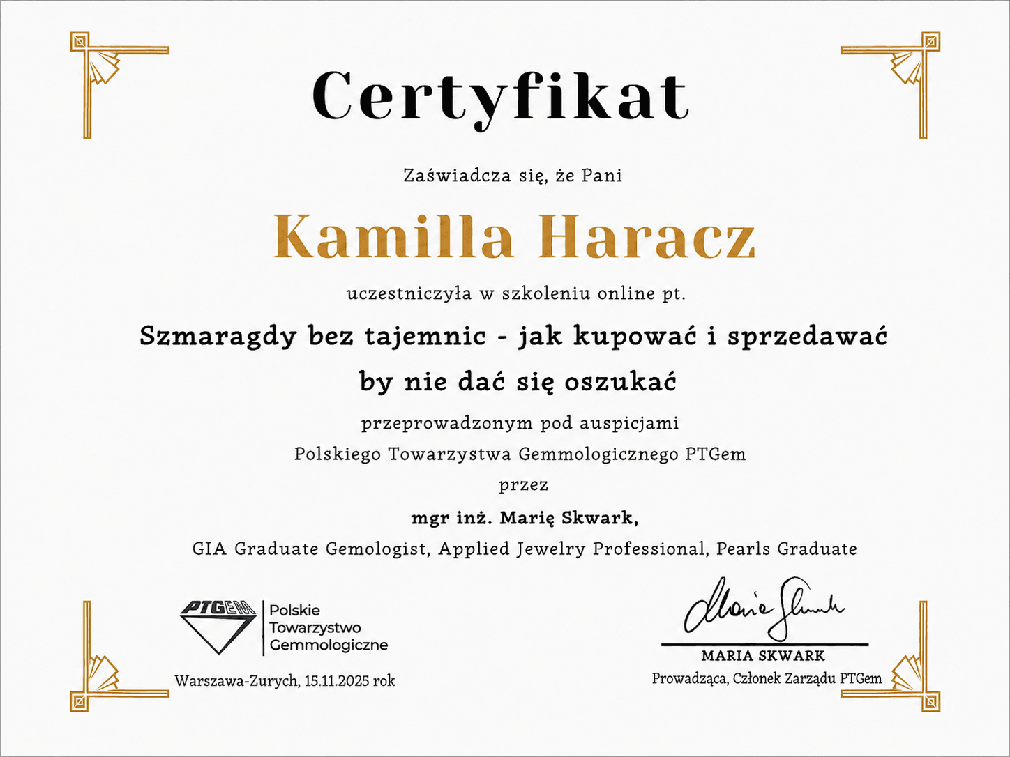 Certyfikat RuszszBizu dotyczący szmaragdów
